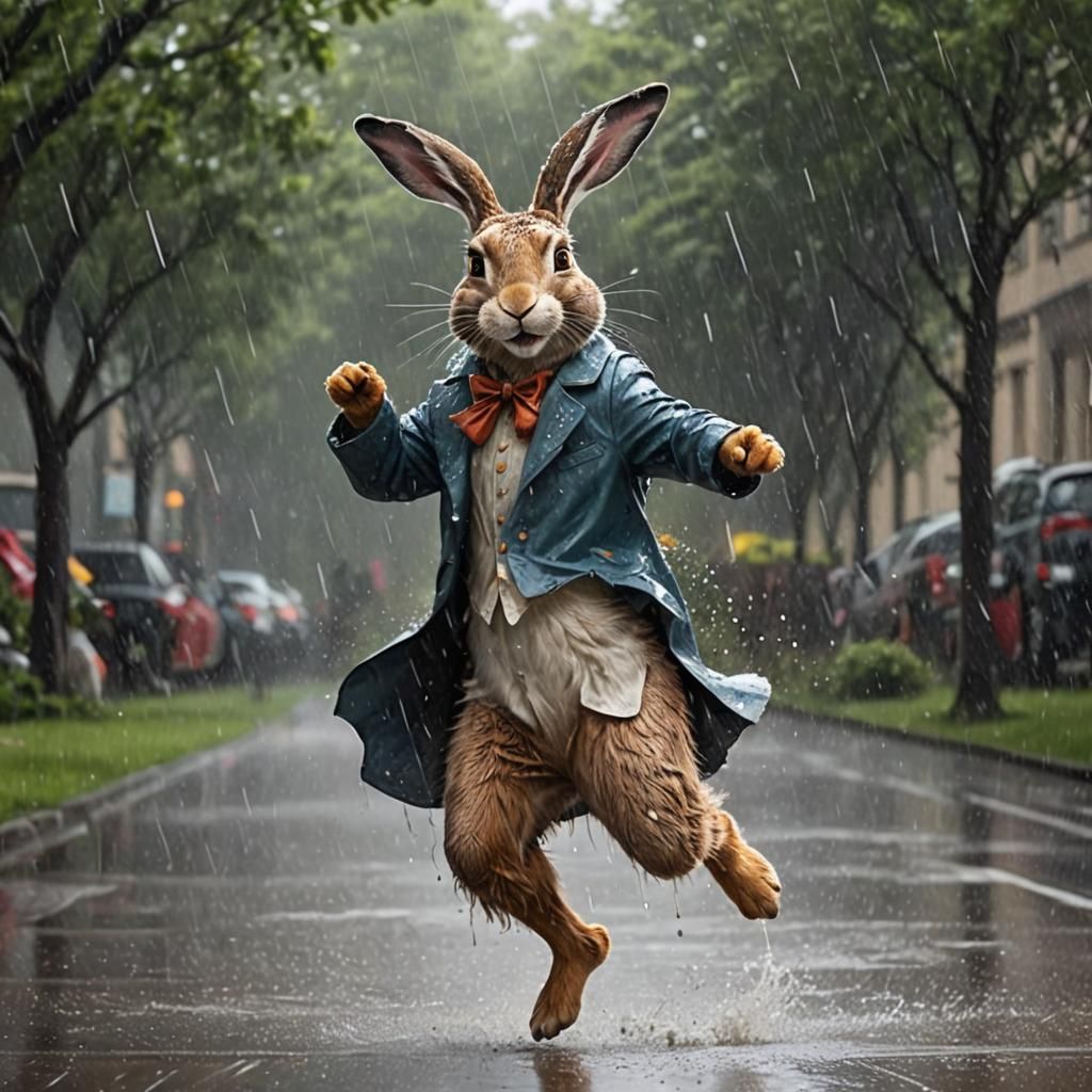Humanized Hare Dancing Happily in Rain