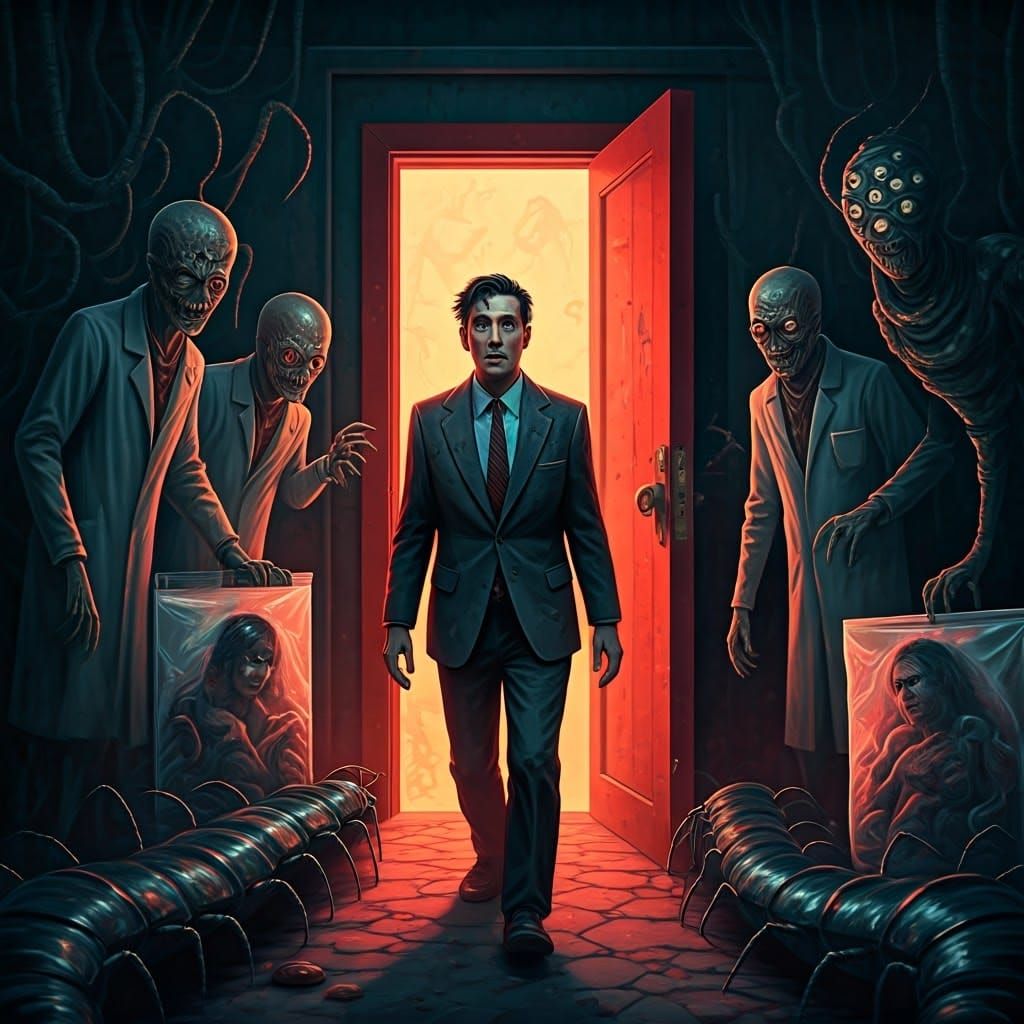 Terrified Man Enters Ominous Red Doorway