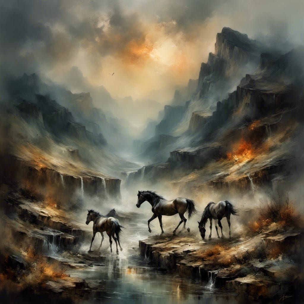 Wild Horses in Rocky Landscape at Sunset