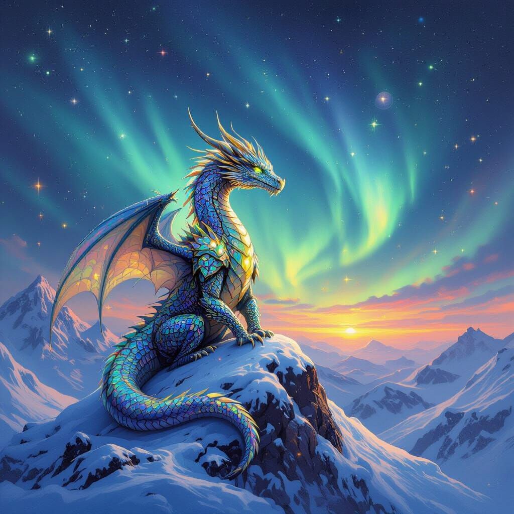 Ancient Dragon on Snowy Peak in Painterly Style