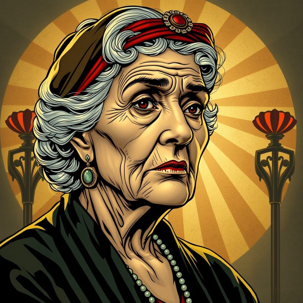 Elderly Woman in Art Deco Comic Book Style