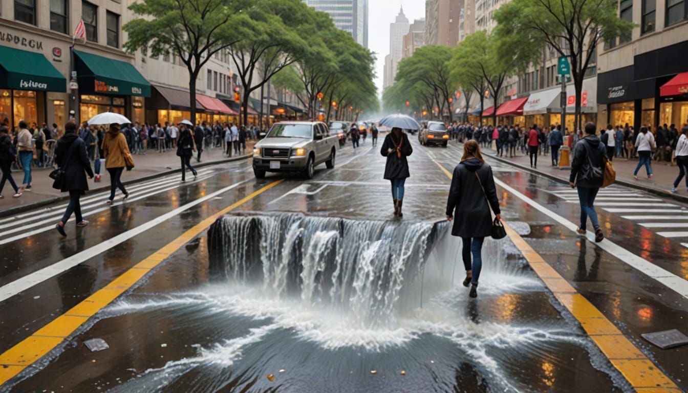 Waterfall Shower in City Crosswalk Street Art