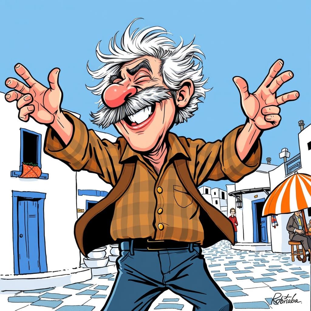 Jovial Greek Man Dances with Wild Abandon in a Vibrant Villa...