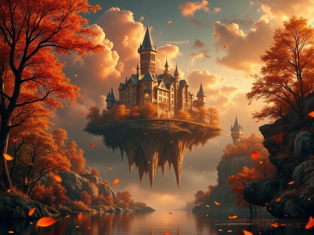 Whimsical Floating Castle in Autumn Sky