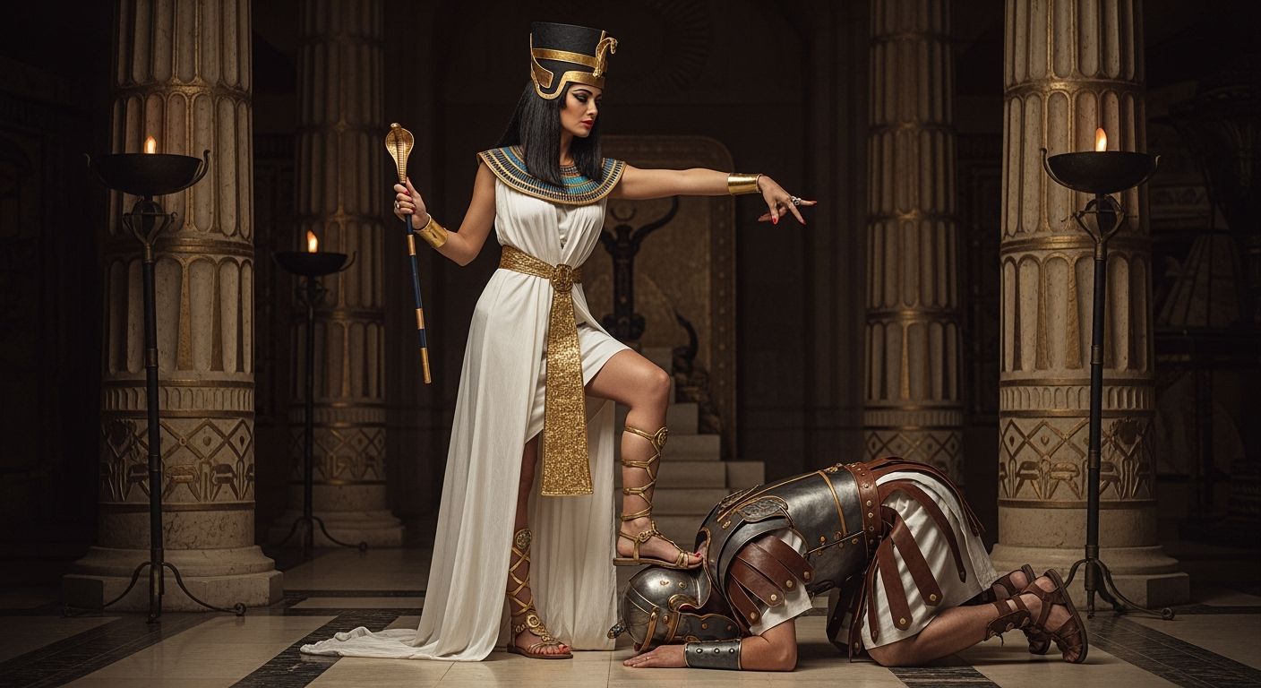 Egyptian Queen on Throne with Roman Soldier