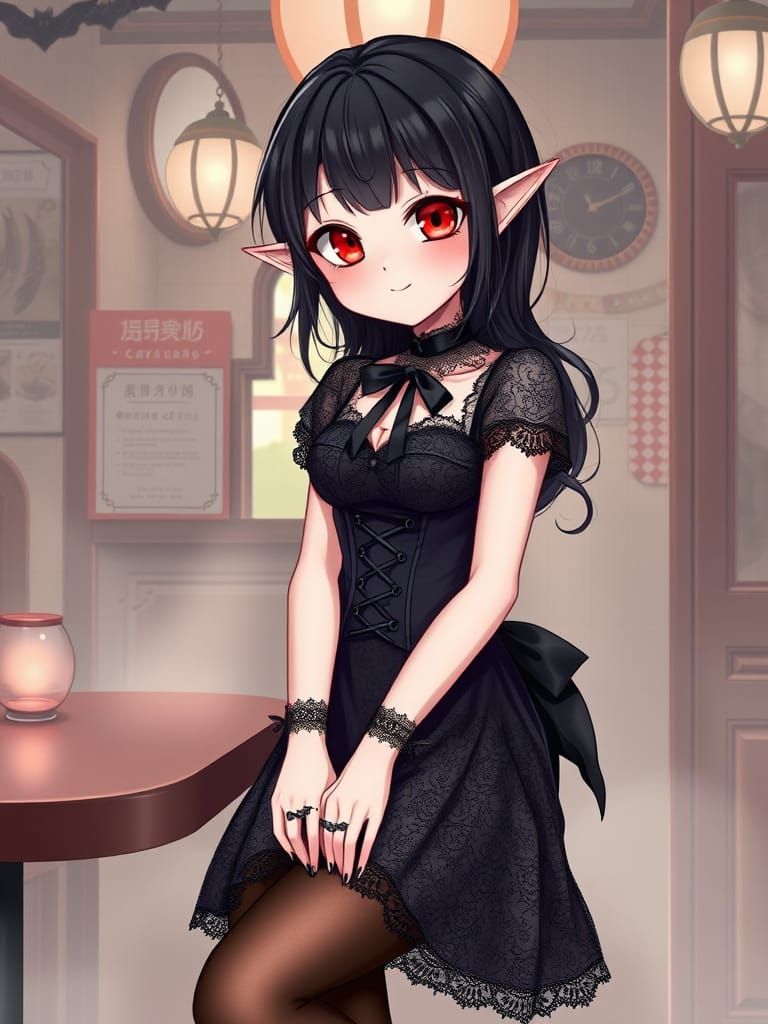 Surreal Vampire Café Girl in Gothic Cosplay Style