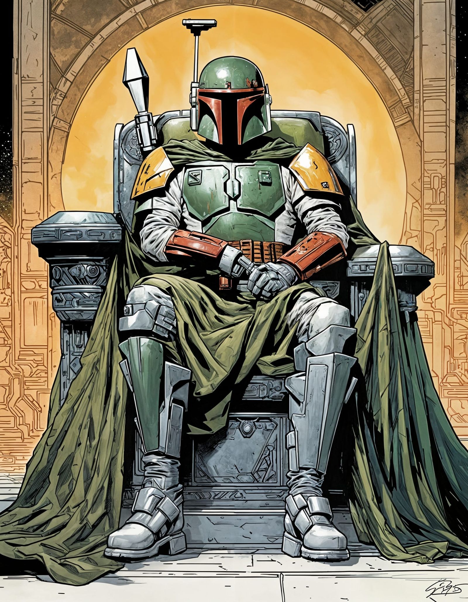 Boba Fett on Throne in Comic Book Style