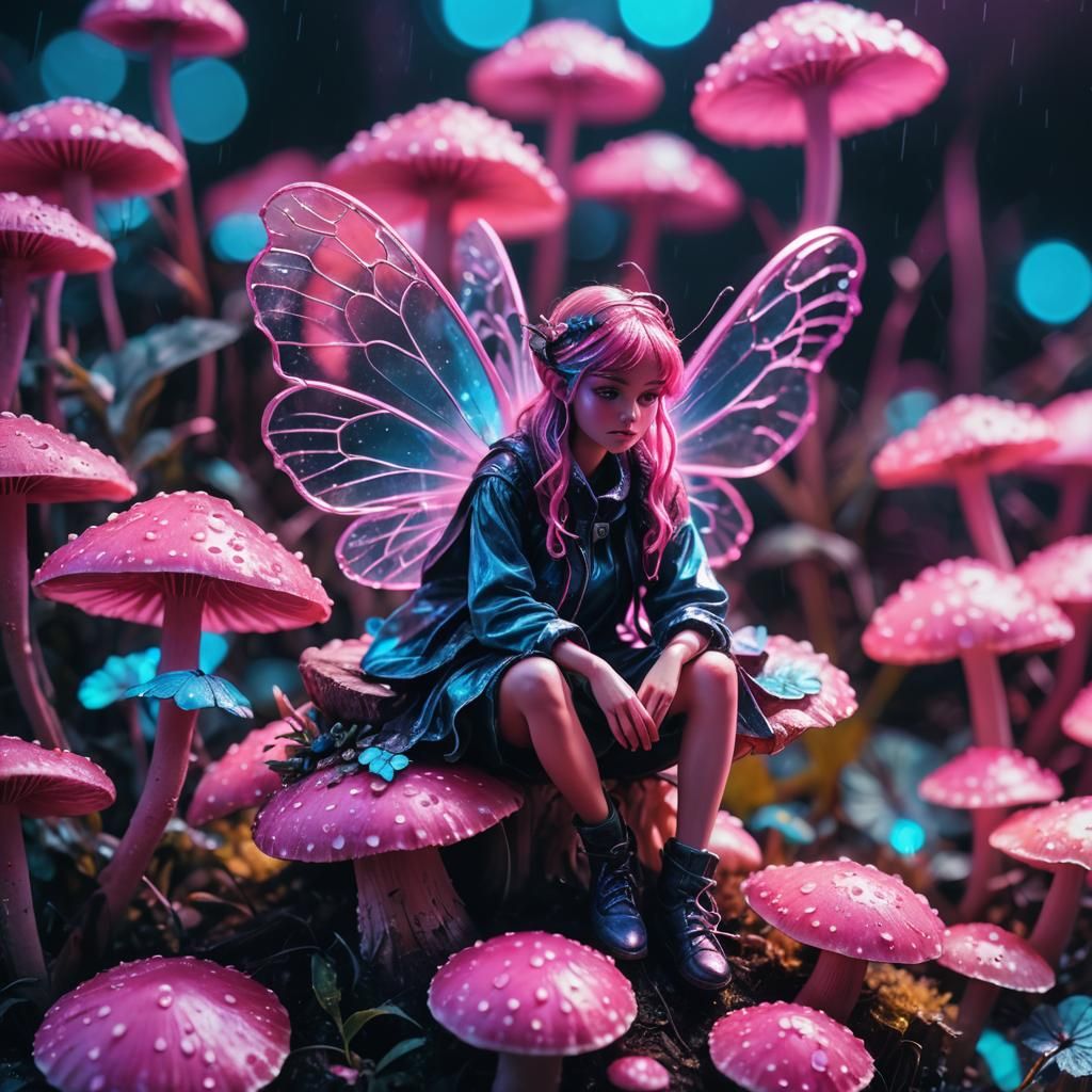Fairy on Mushroom in Synthwave Neon Macro Photography