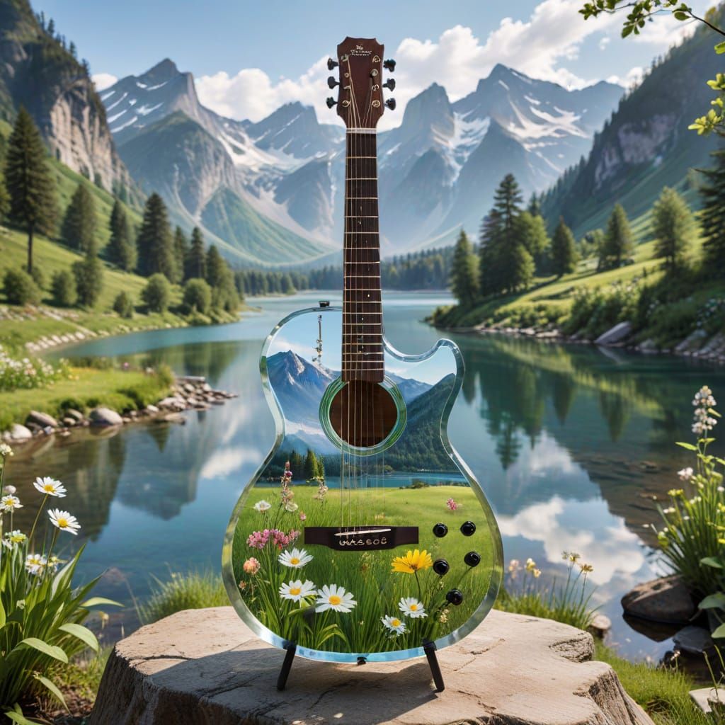 Transparent Guitar Reveals Mountain and Lake Landscape