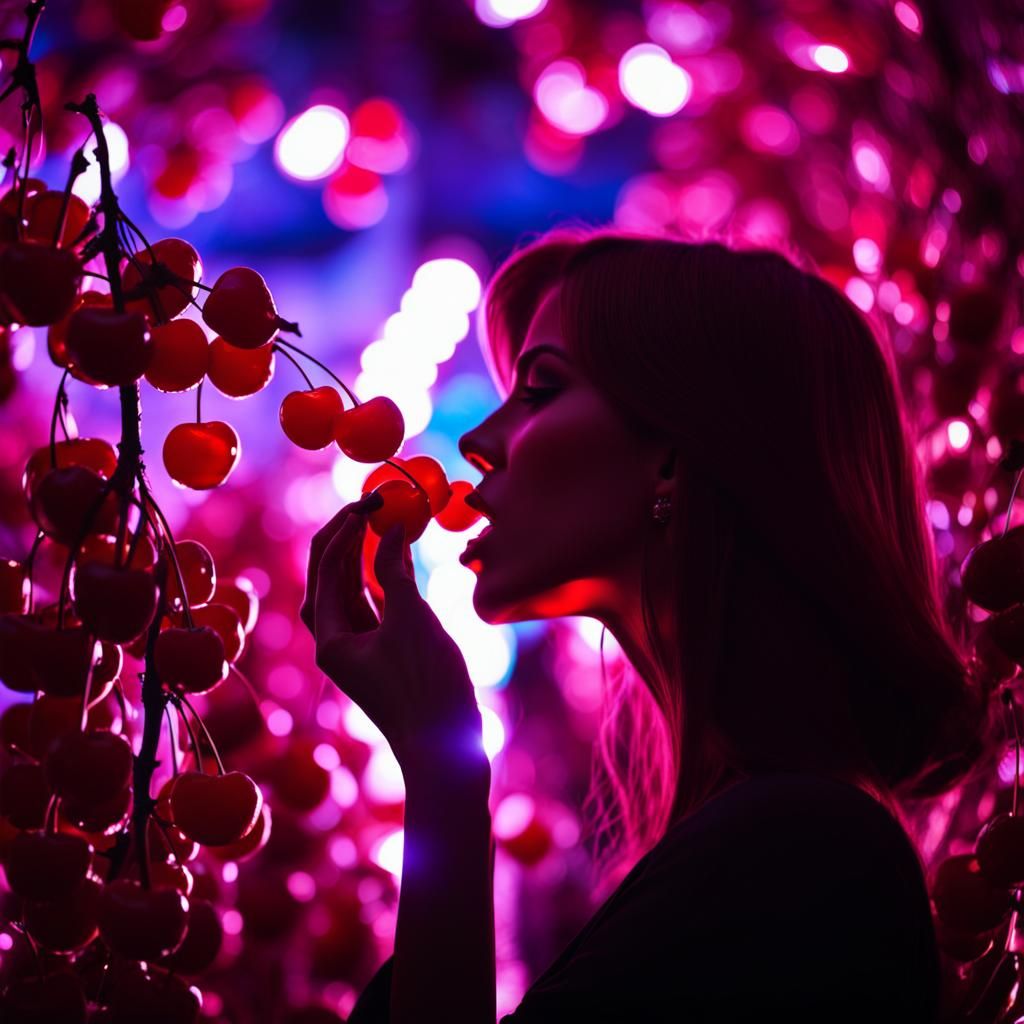 Neon Lit Macro: Woman with Cherry