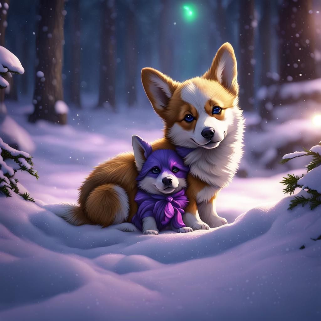 Cute Corgi with a Baby Wolf