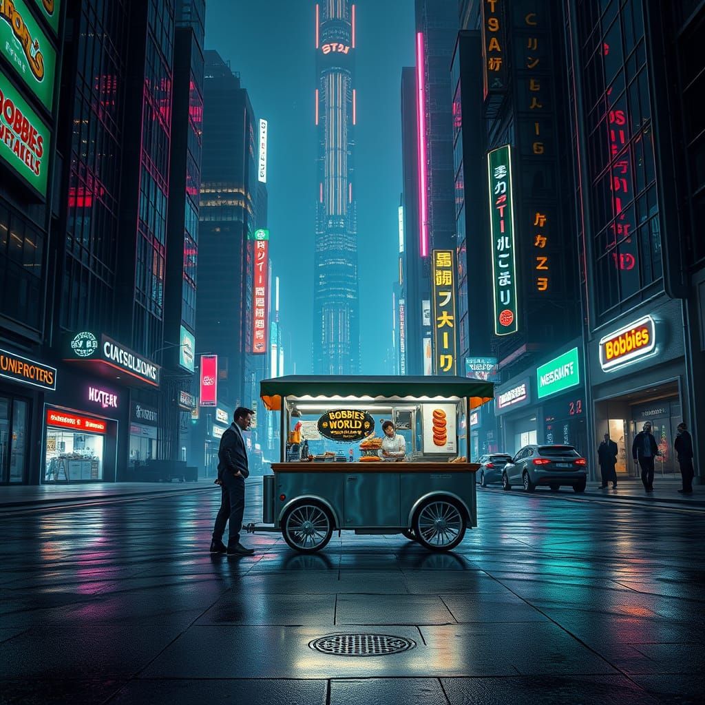 A futuristic dark city street lit only by bright neon Signag...