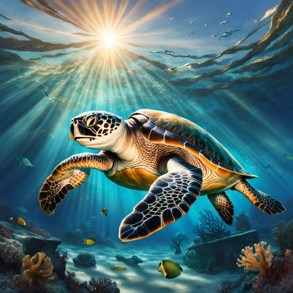 Divers Rescue Sea Turtle in Ethereal Underwater Scene