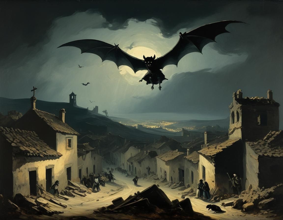 Gothic Demon Over Ruined Village Painting