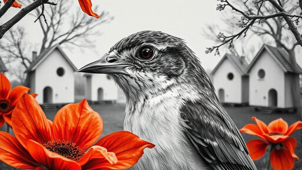 Monochrome Bird Portrait with Sepia Birdhouses