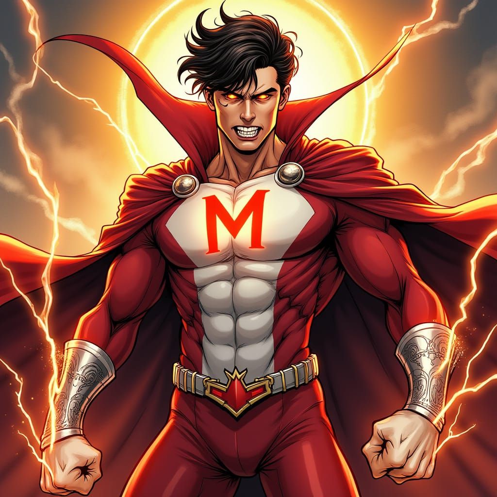 Superhero with Royal Red Uniform and Orange Energy
