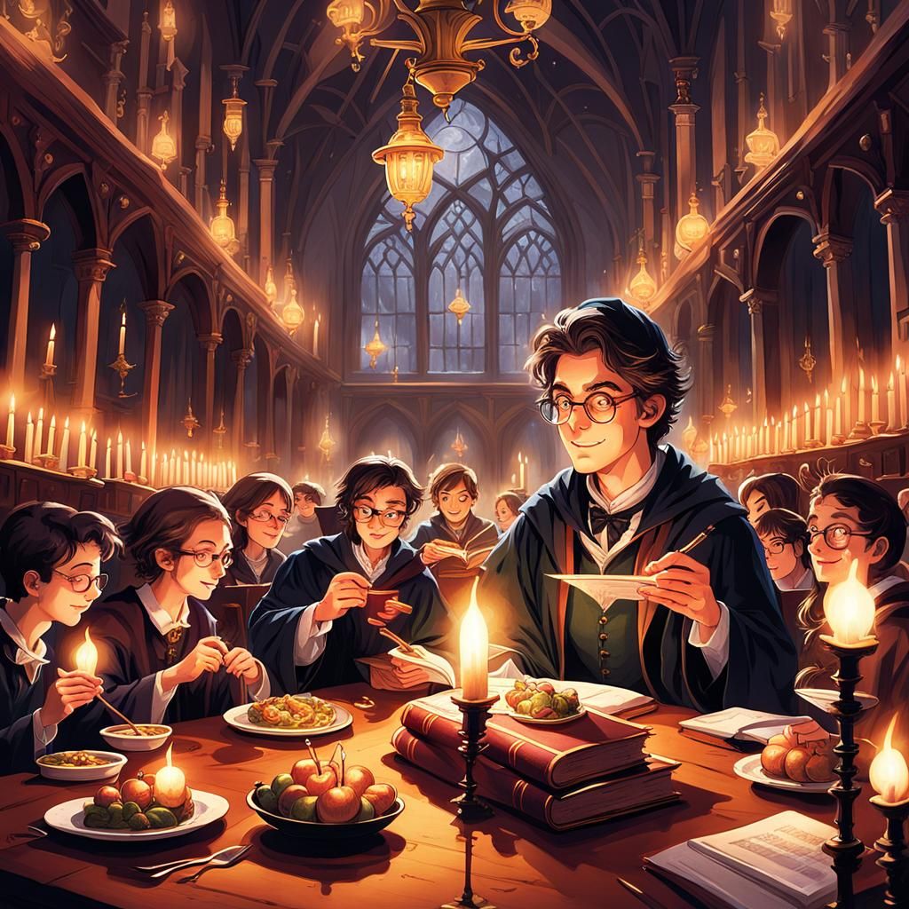 Enchanting School Dinner in Grand Hall Illustration