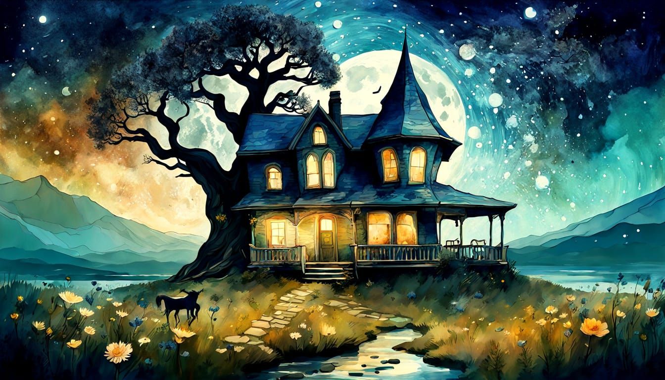 Whimsical Victorian Cottage in Surreal Digital Watercolor