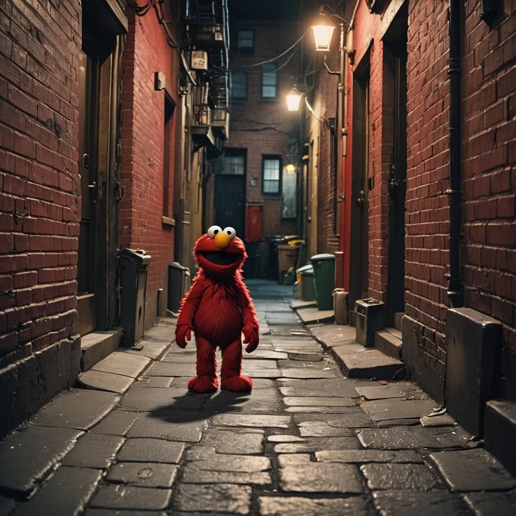 Elmo in Atmospheric Sesame Street Alleyway