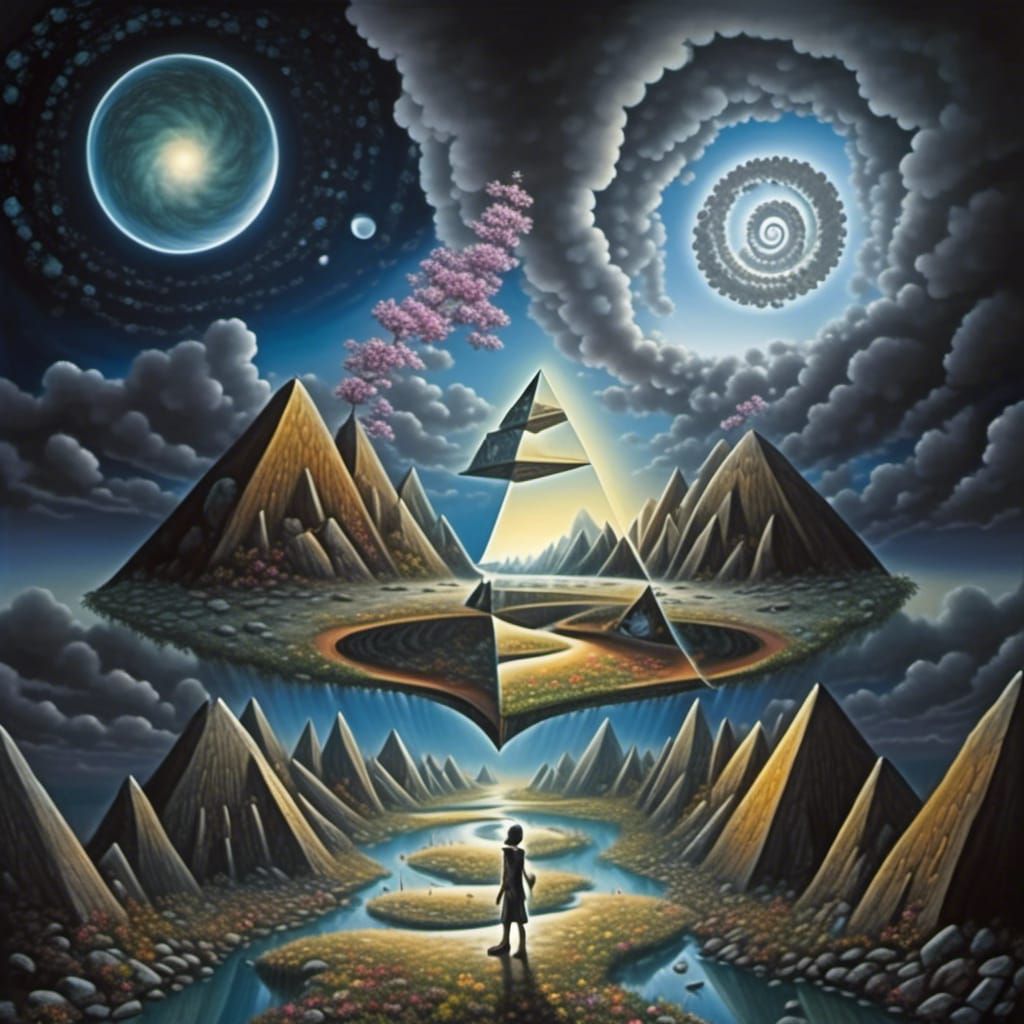 Surreal Clockpunk Landscape with Pyramid Buildings