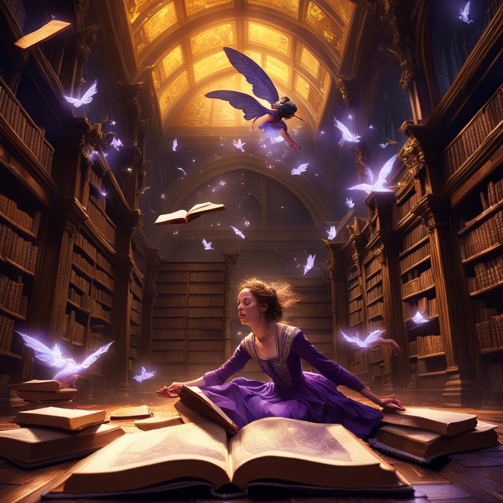Fairies Helping Woman With Magic Books