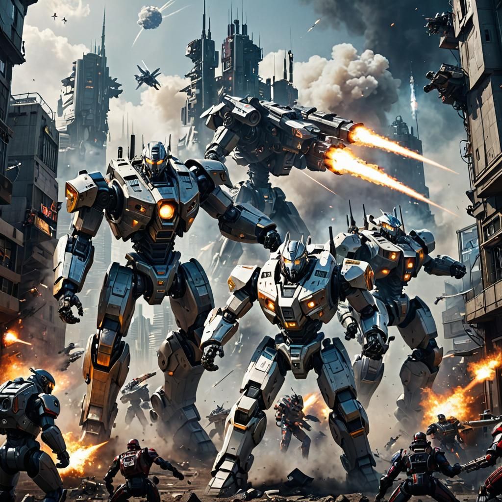 Epic Mecha Battle in Futuristic Cityscape