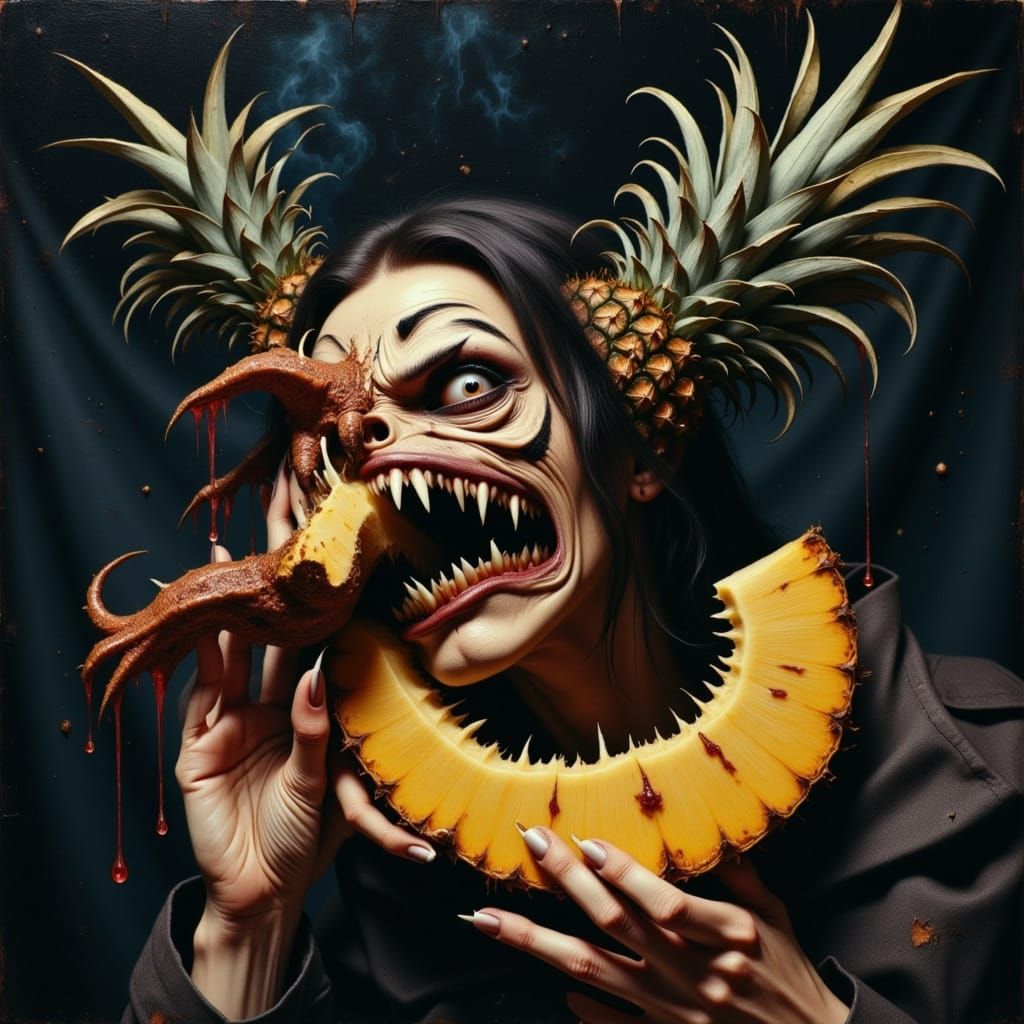 Dark Fantasy Hag Savoring Pineapple in Twisted Grin