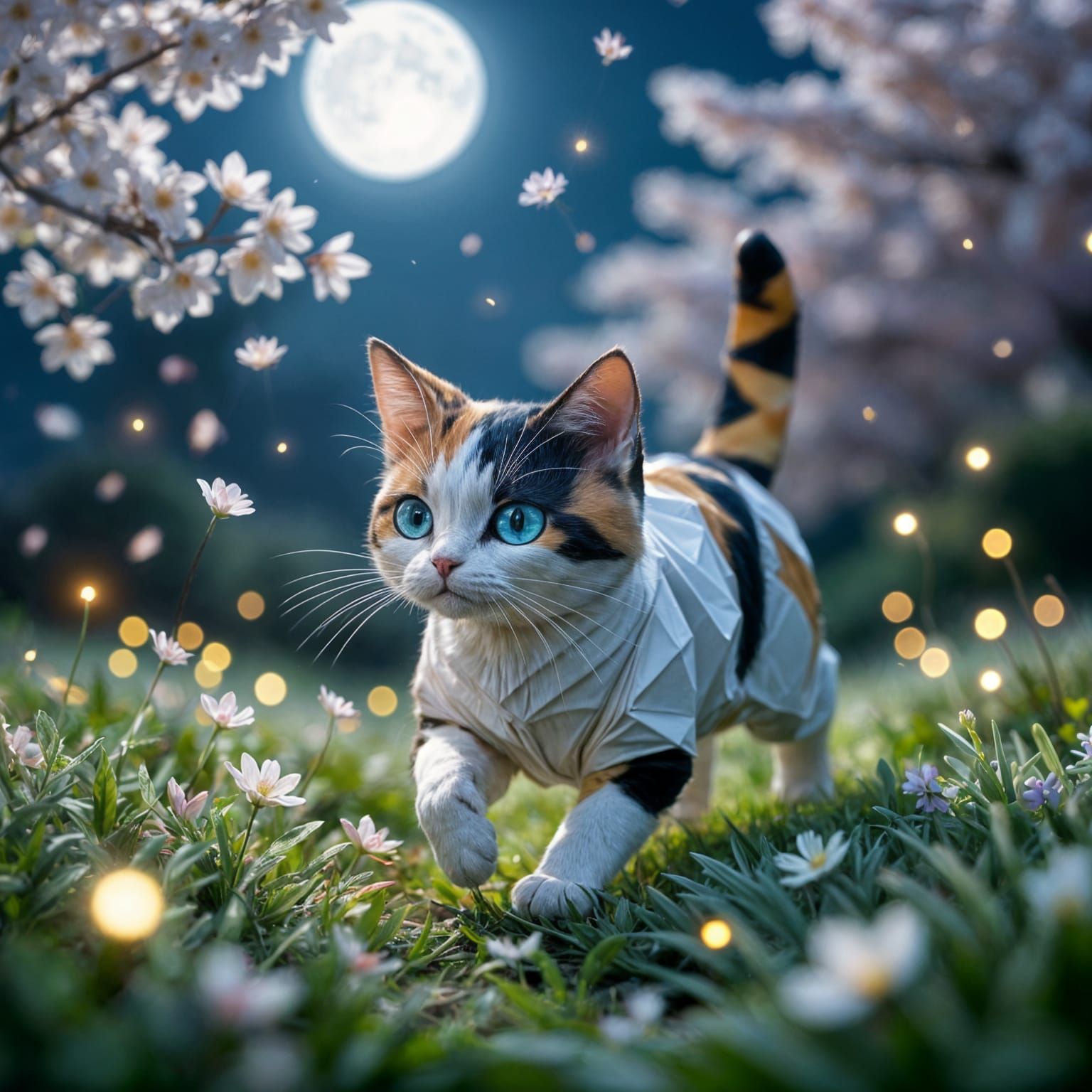 Origami Cat Prowls Moonlit Garden in Hyper-Realism