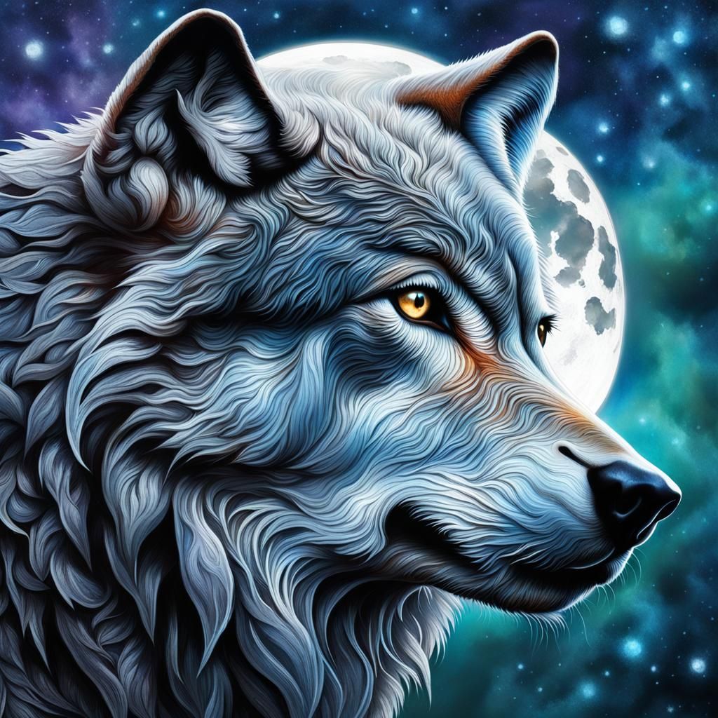 Detailed Wolf and Moon in Hyperrealistic Style