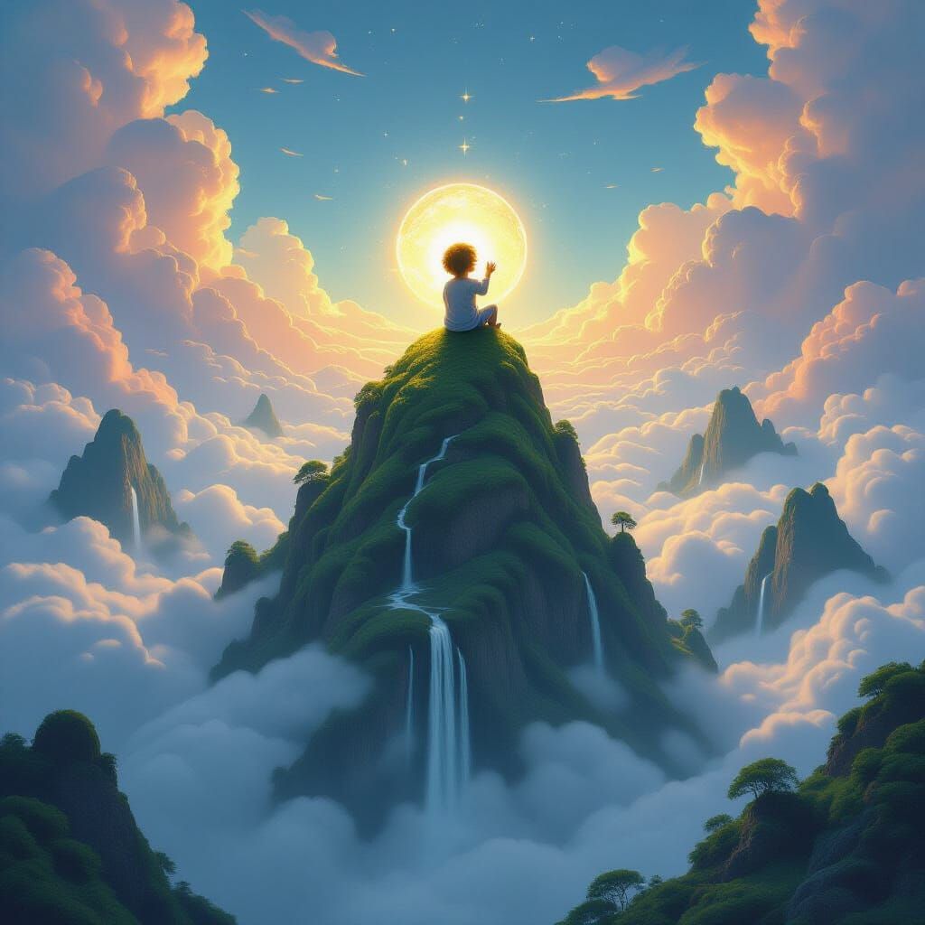 Child with Star Eyes Holds Glowing Orb on Mountain Peak