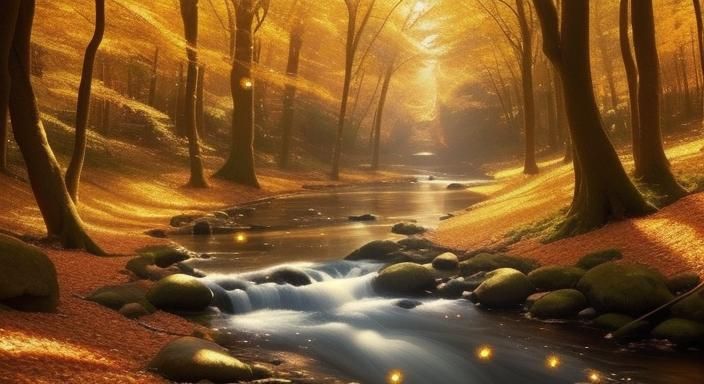Enchanted Forest Stream in Autumn Sunlight