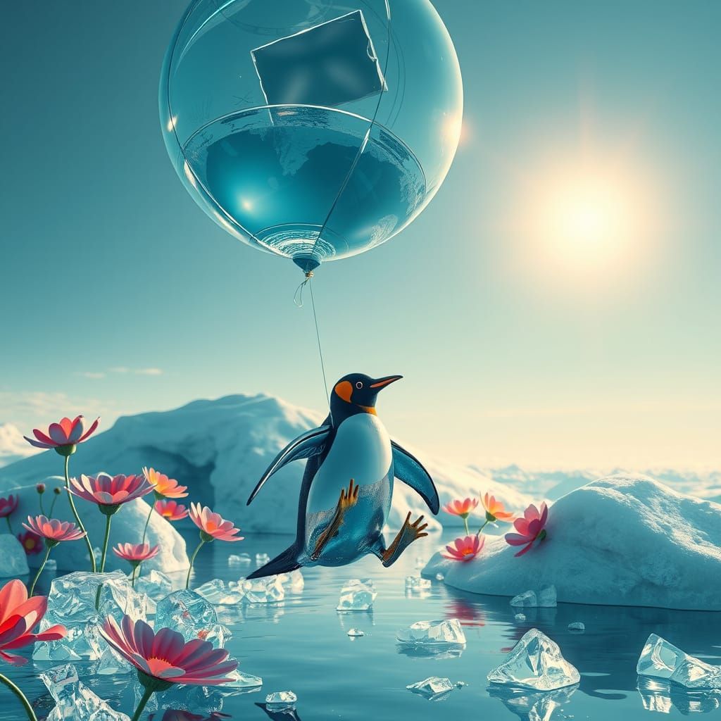 Chrome Penguin Floating with Ice Balloon in Arctic Garden