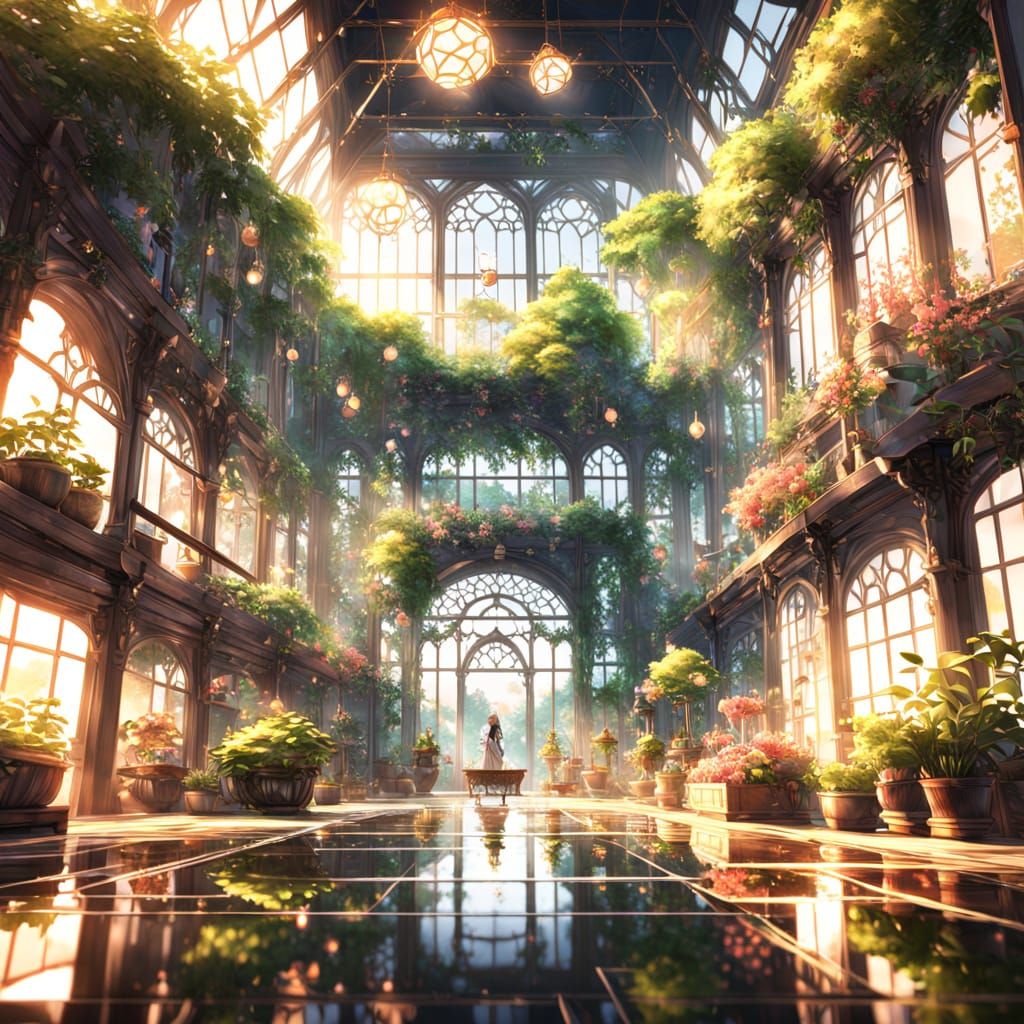 Lush Greenhouse Interior in Vibrant Anime Style