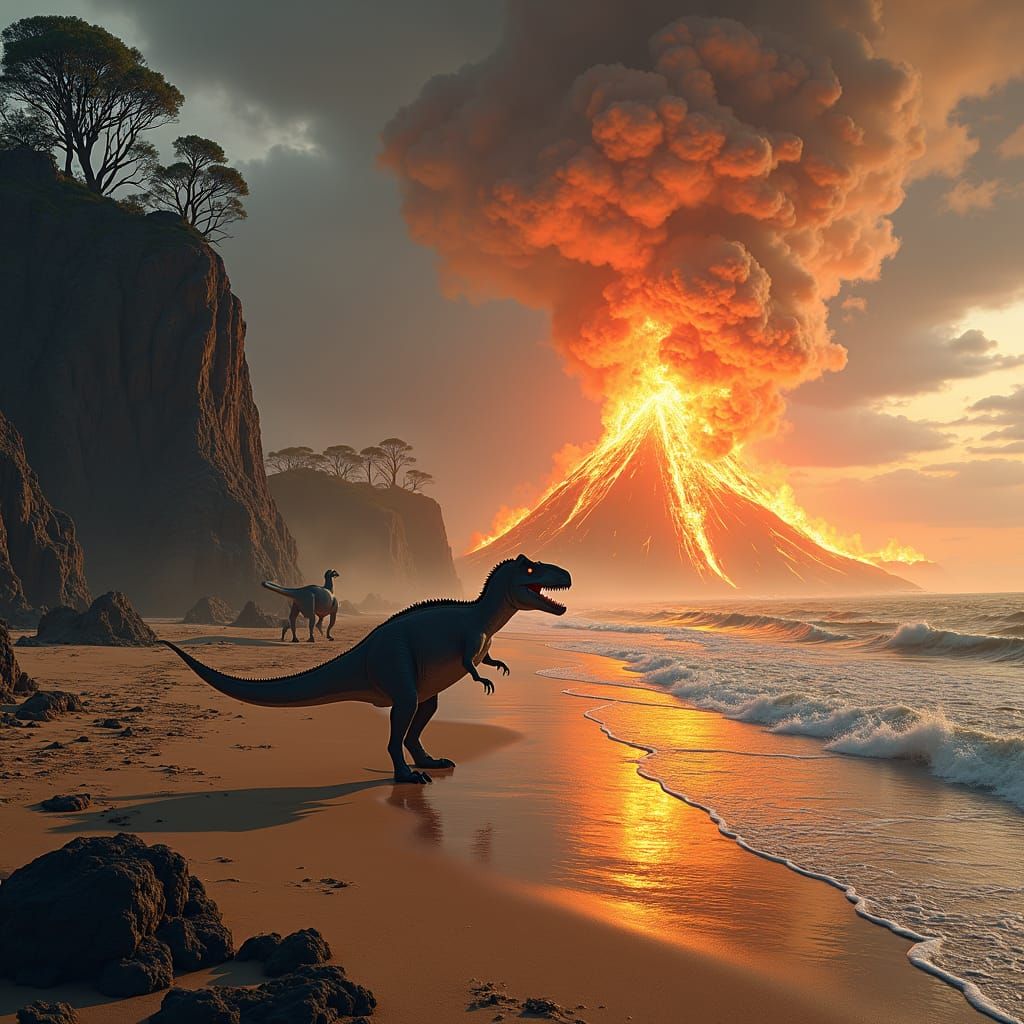 Dinosaurs Fleeing Volcano Eruption on Sandy Shore