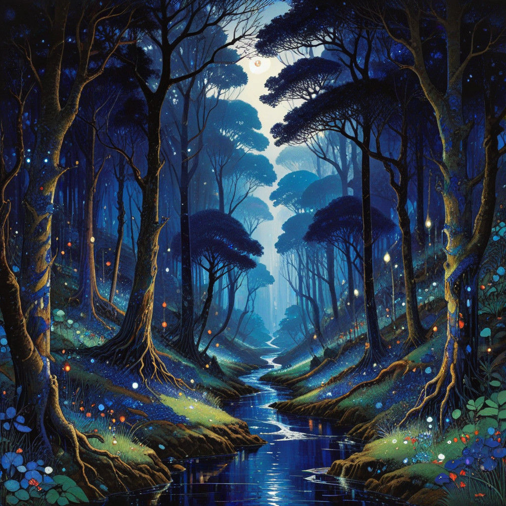River of Sapphire Crystal Trees in Vibrant Fantasy Art