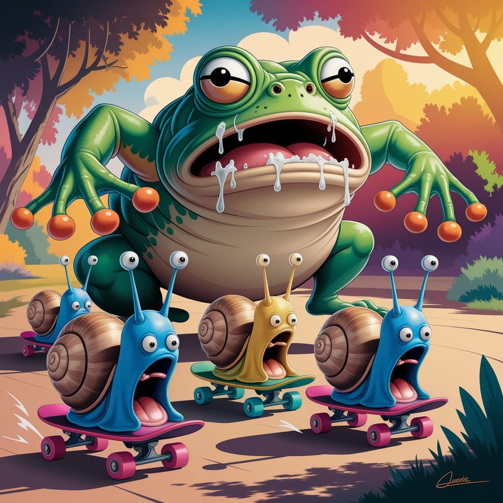 Elemental Snails Evade Giant Frog, Caricature Style