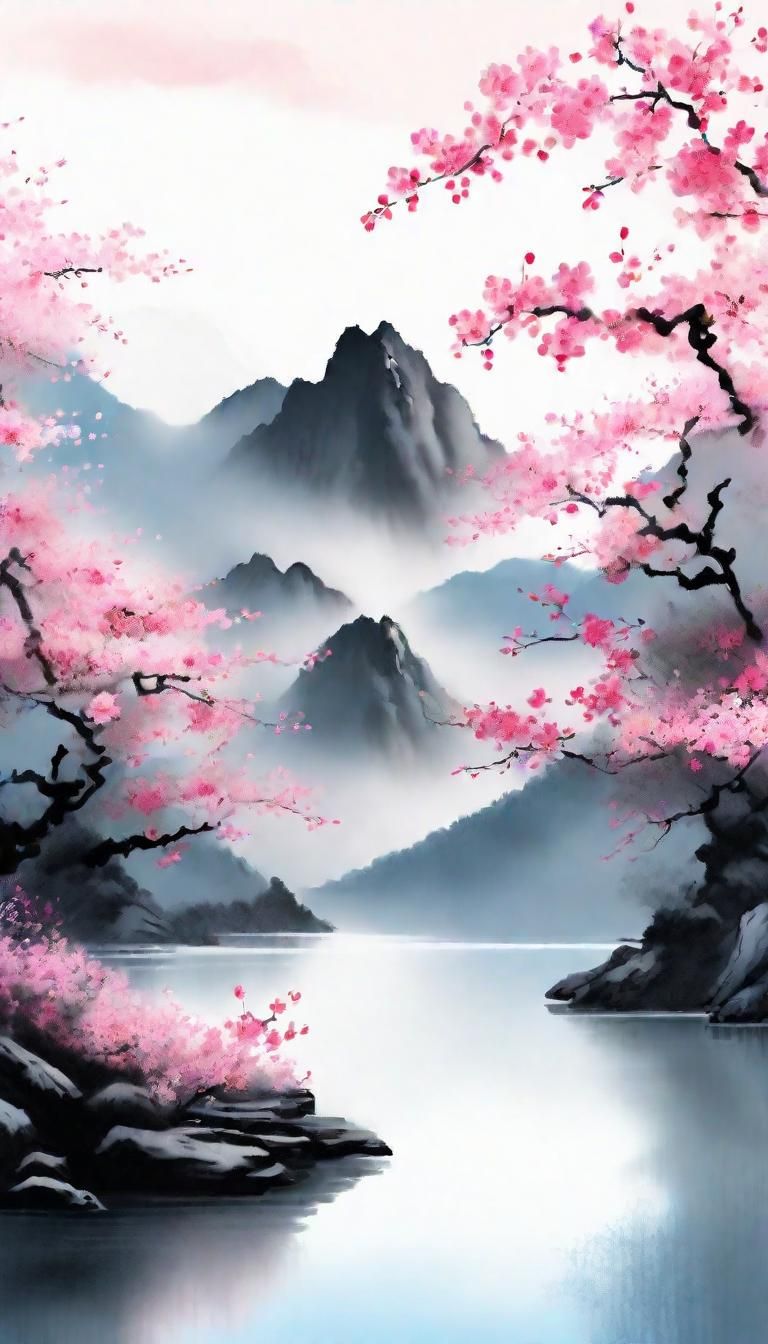 Serene Mountain Landscape in Chinese Ink Painting