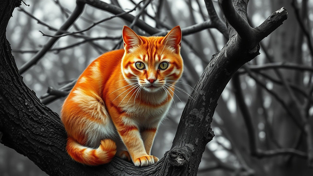 Majestic Tomcat in Color on Black and White Tree
