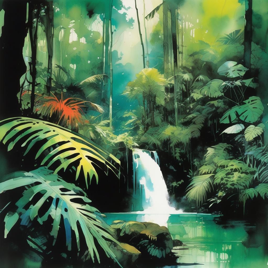 Lush Rainforest in Watercolor and Ink Illustration