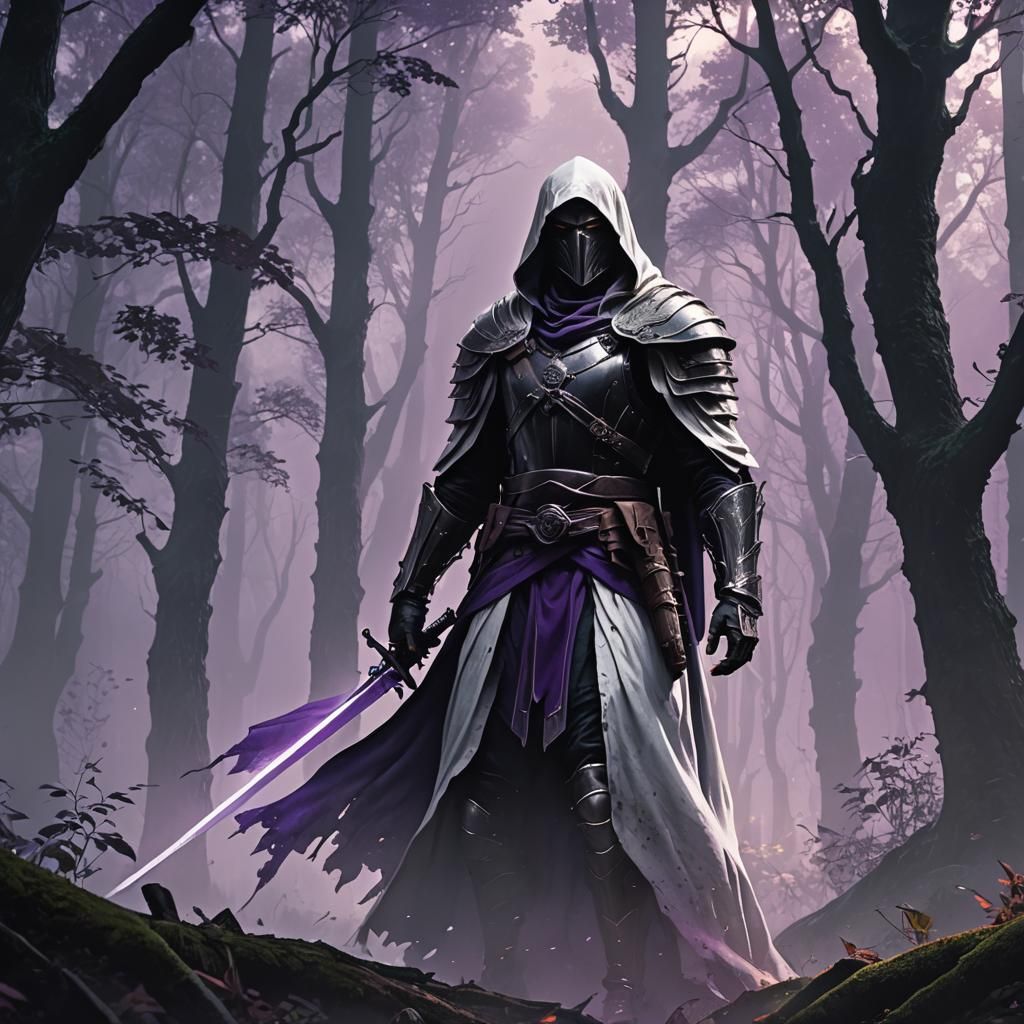 Mystical Assassin in Misty Forest, Digital Art