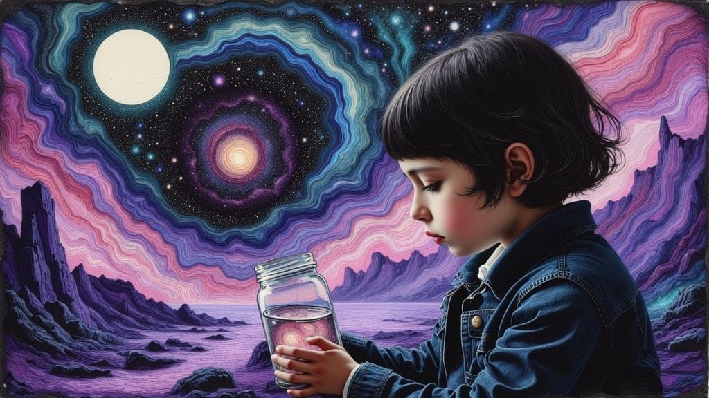Child Gazing at Galaxies in a Jar, Impasto Acrylics