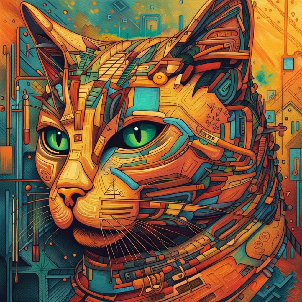 Abstract Programmer Cat with Complementary Colors