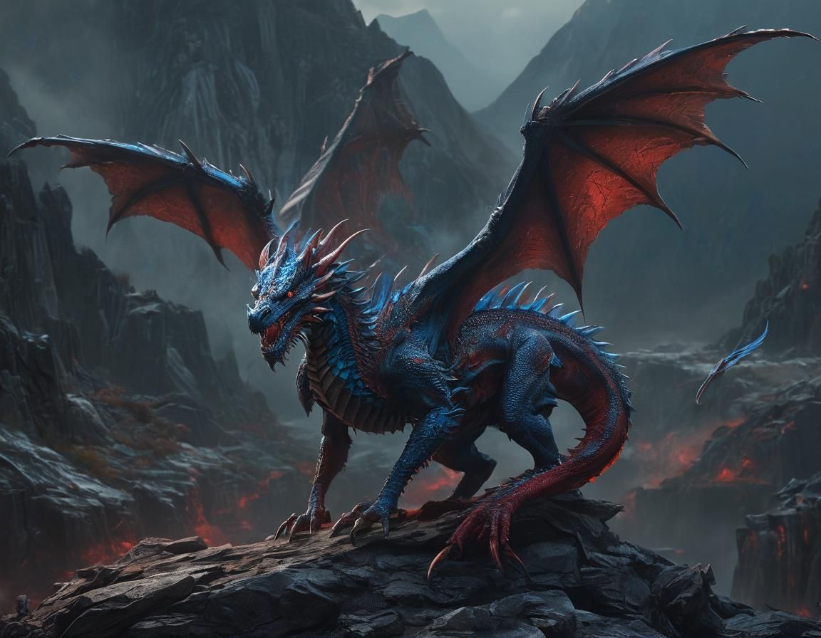 Red and Blue Dragon in Dark Fantasy Style