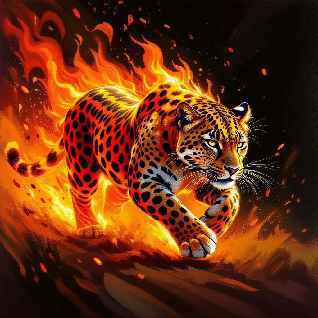 Fiery Leopard Pouncing in Dynamic Motion