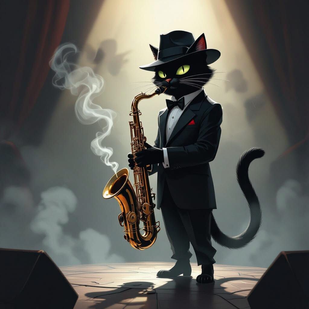 Jazz Cat Saxophonist on Stage in Noir Style