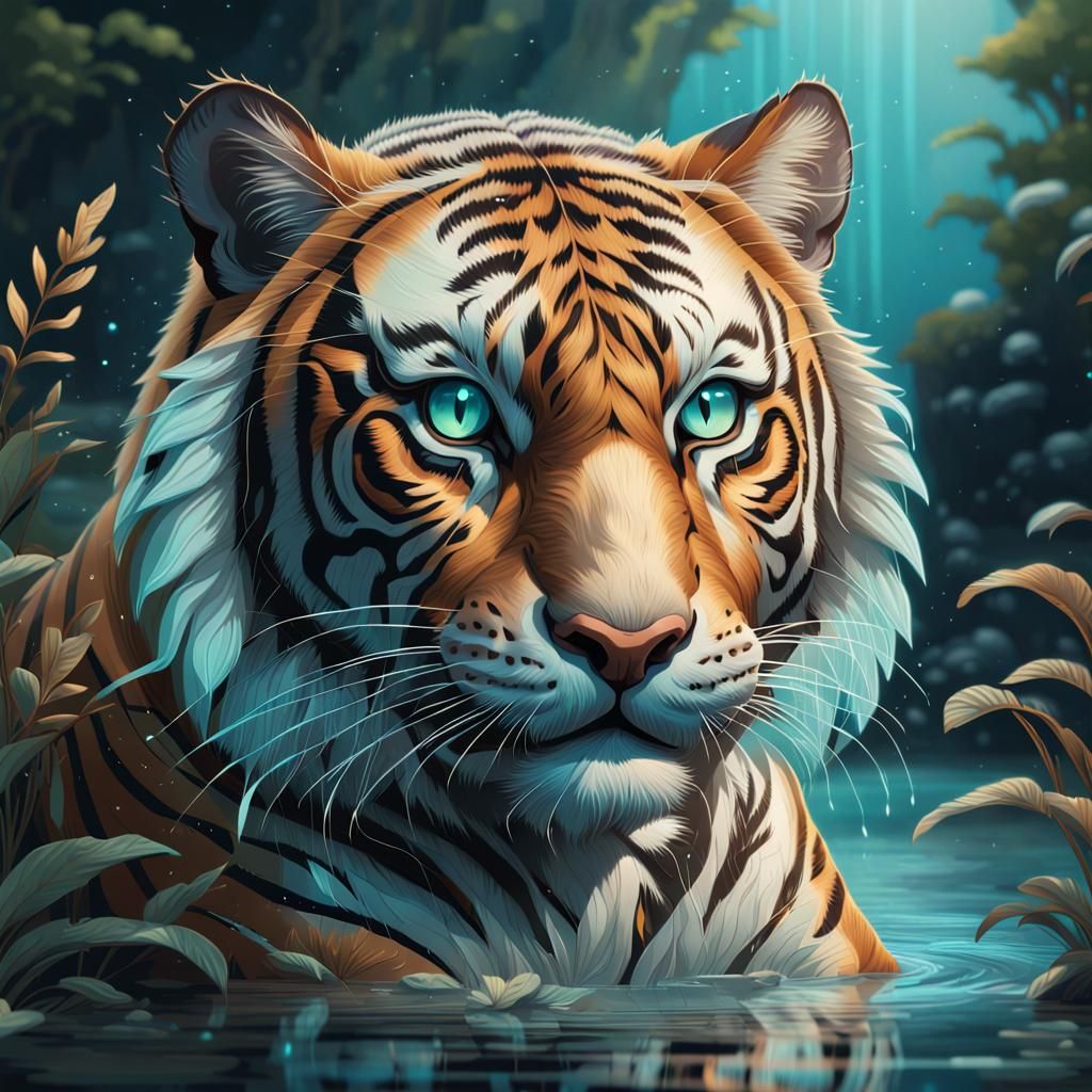 Art Deco Tiger in Bioluminescent River