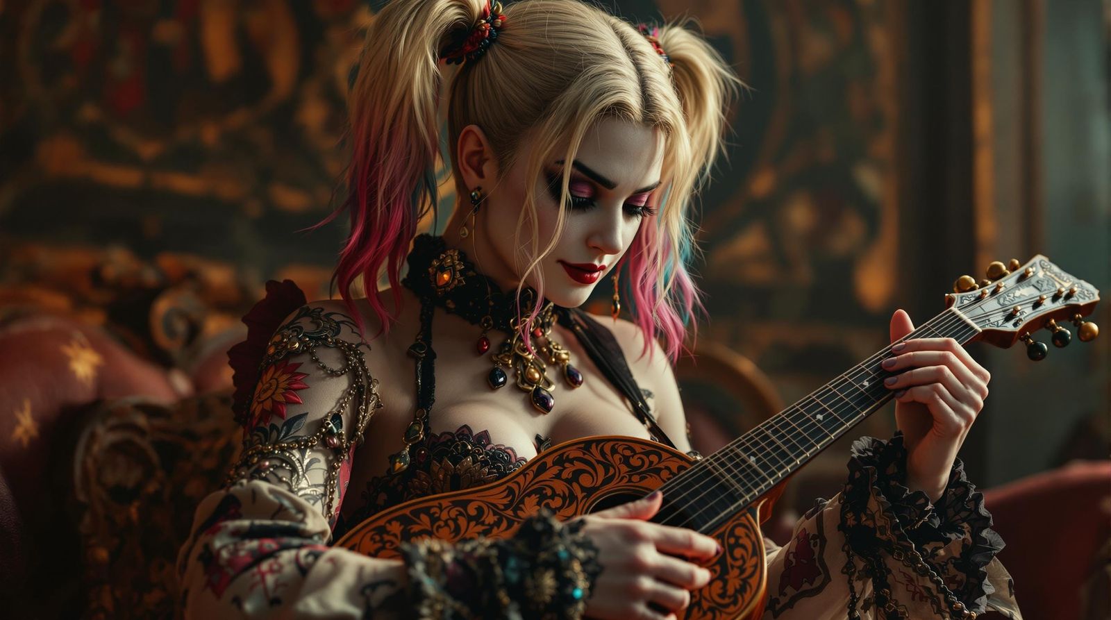 Hyper-Realistic Harley Quinn Plays Mandolin in Futuristic Li...
