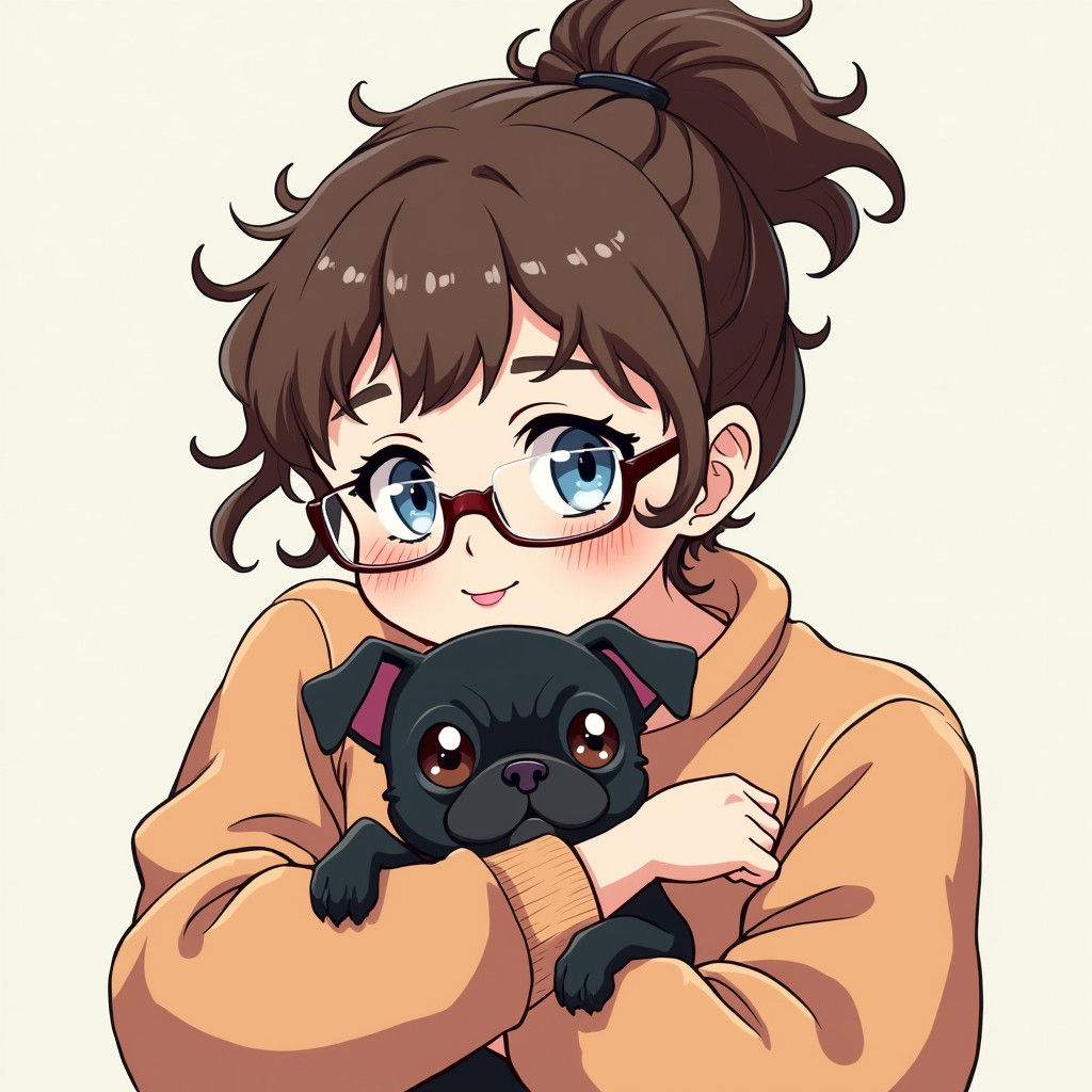 Anime Style Portrait: Woman and Black Pug
