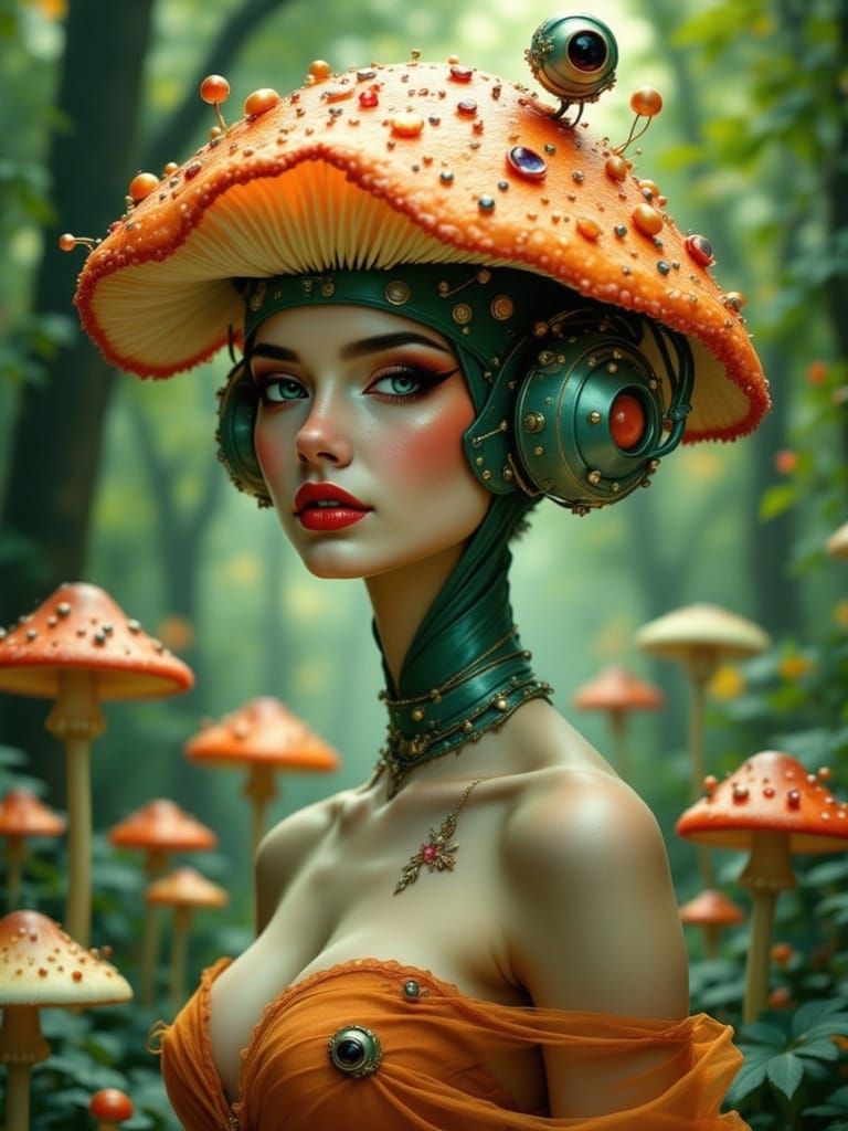 Biomechanical Goddess Emerges from Mystical Forest