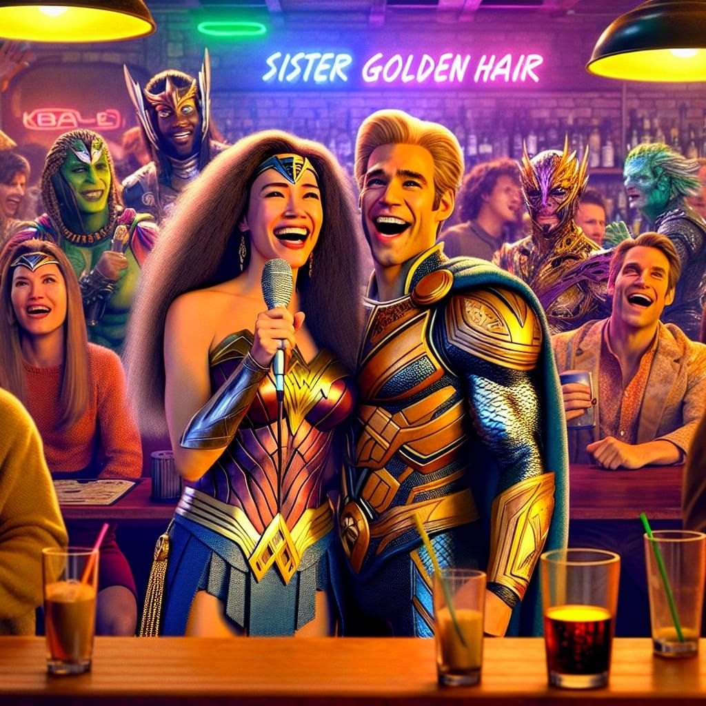 Superheroine and Woman Sing Karaoke Duet